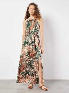 Francesca's‎ Gilda Tropical Sleeveless Halter Maxi Dress Green Palm Print - XS